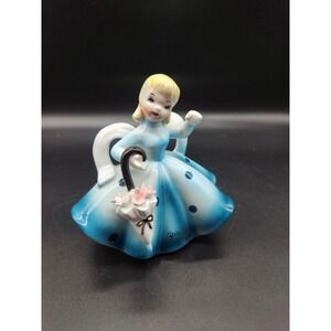 Vintage Lefton Girl Figurine April Blue Dress Umbrella Ceramic